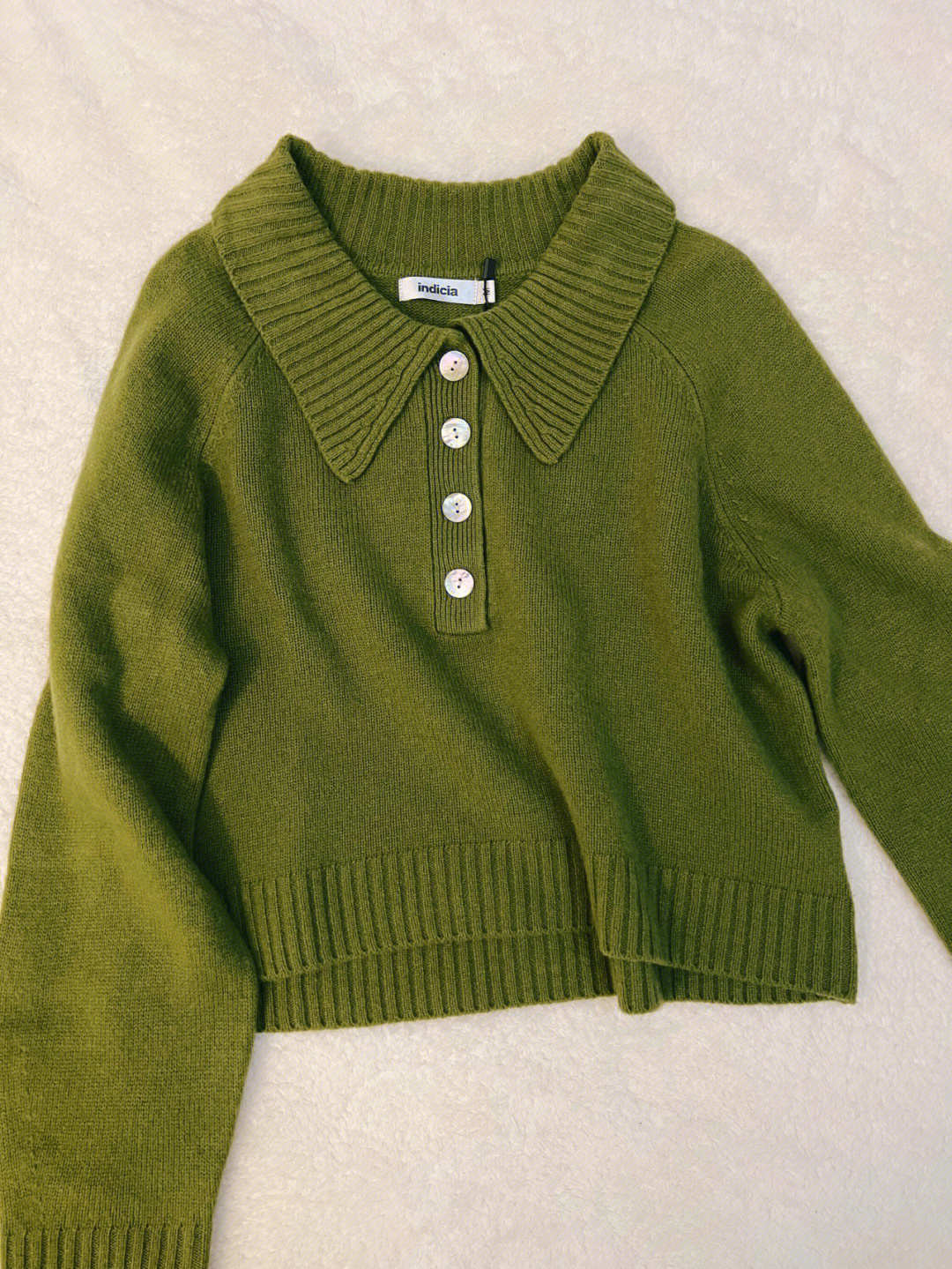 衣服indicia慵懒复古橄榄绿色翻领毛衣