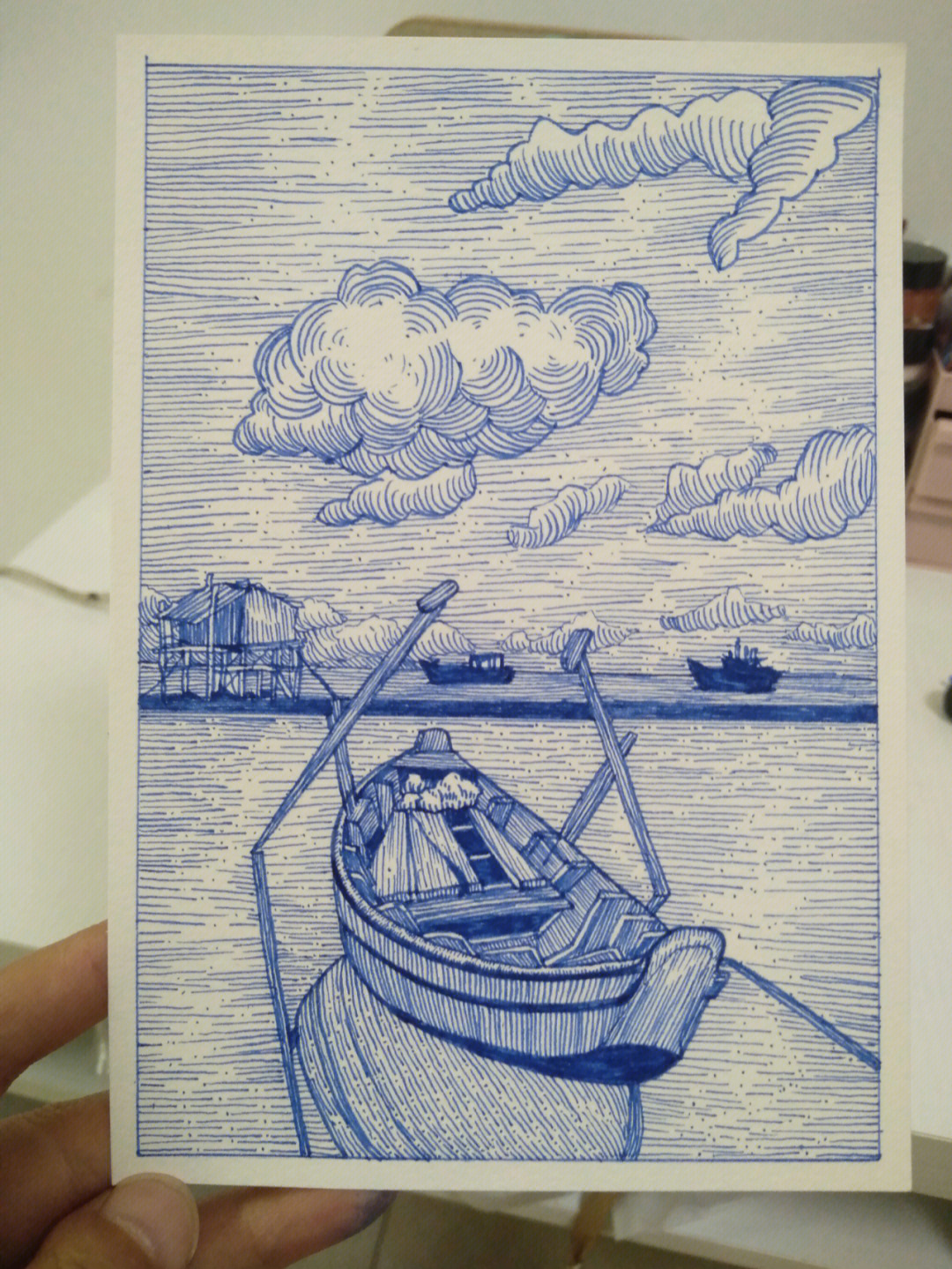 渔船写生风景线描线描画原创