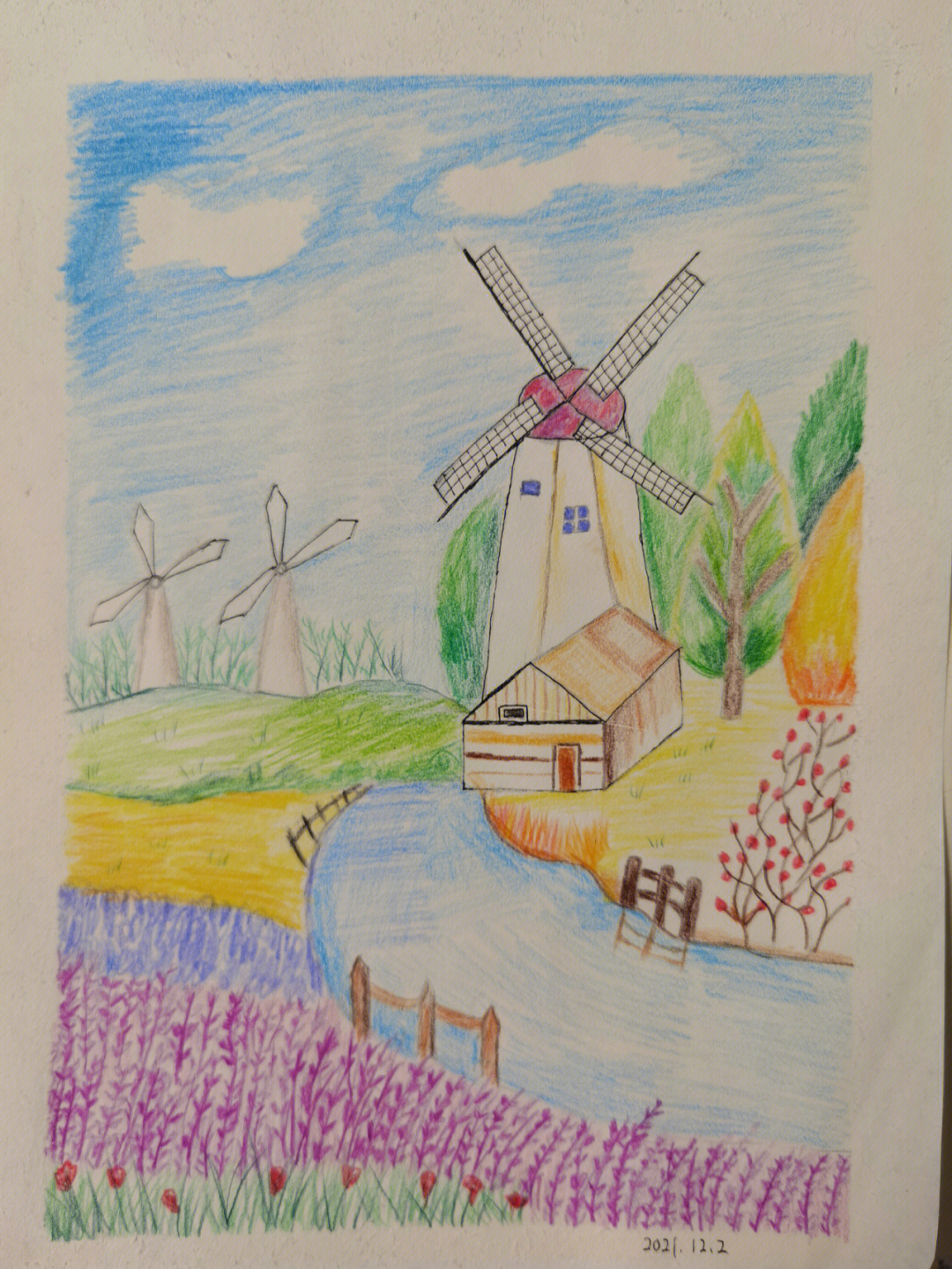 荷兰风车简笔画彩色图片