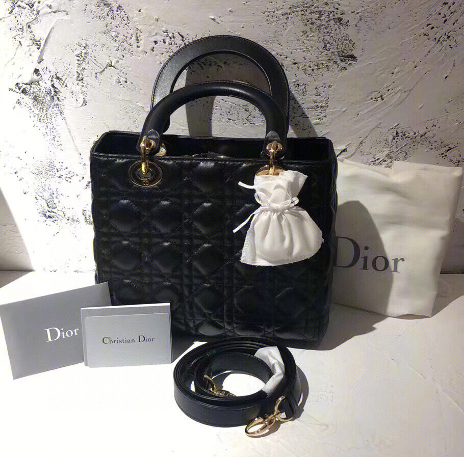 dior 迪奥五格黑色羊皮戴妃金扣手提单肩斜挎女包,全新保存品,配件尘