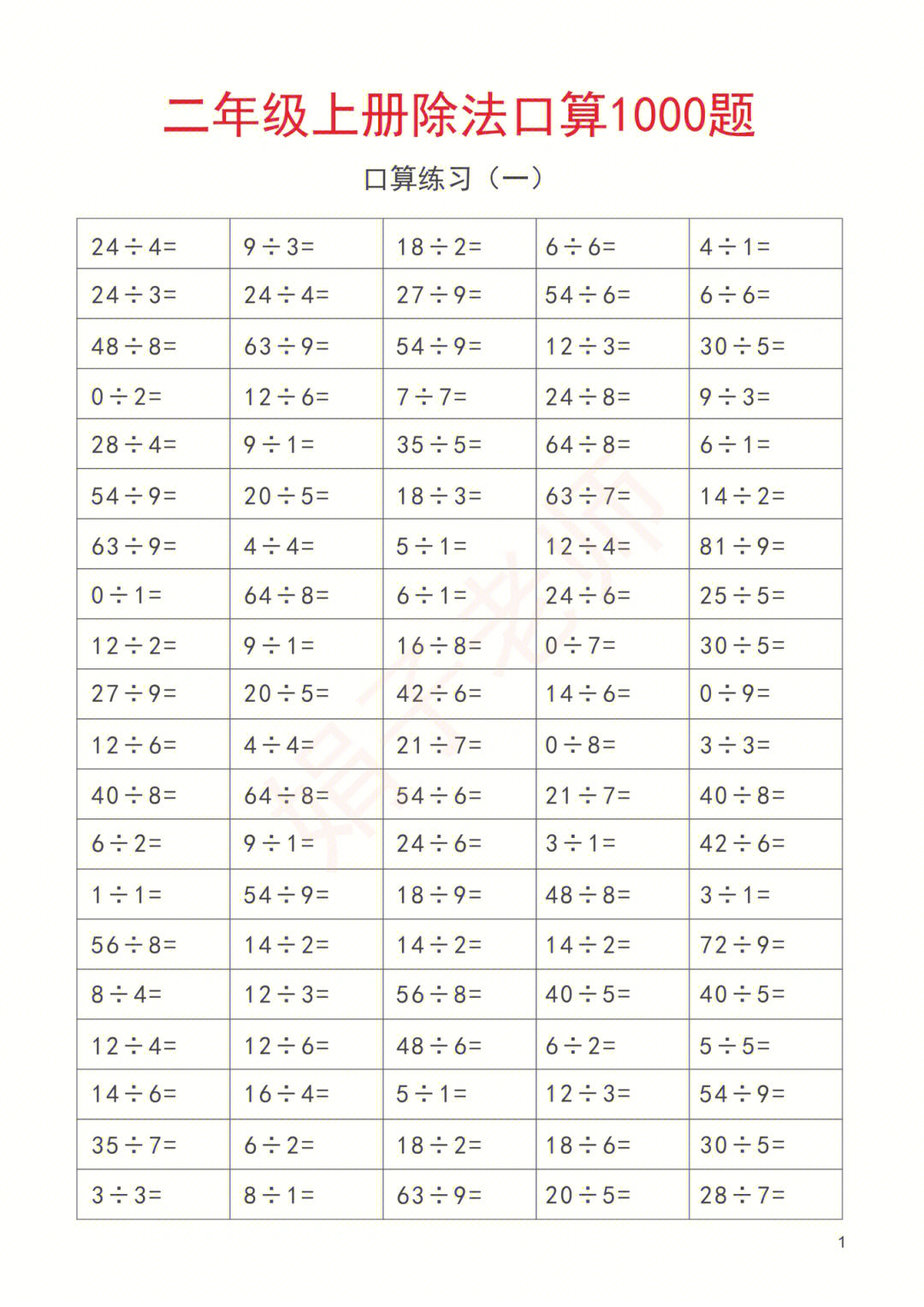 二年级上册数学除法口算1000题一