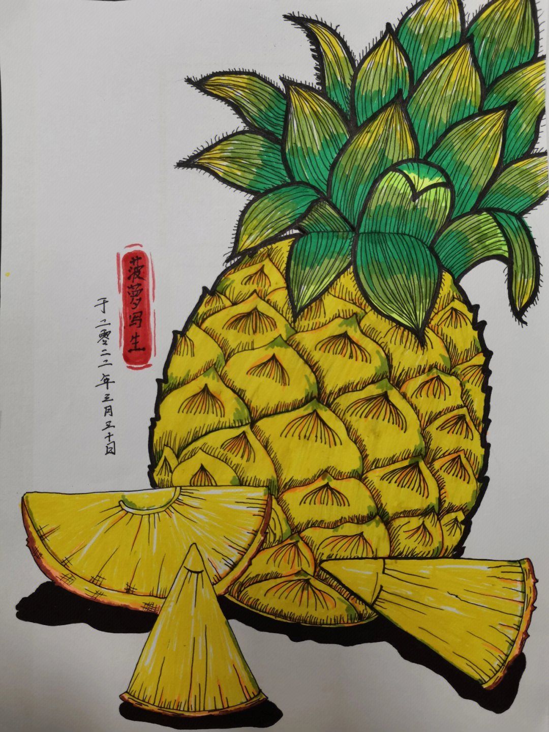 菠萝色彩静物画法步骤图片
