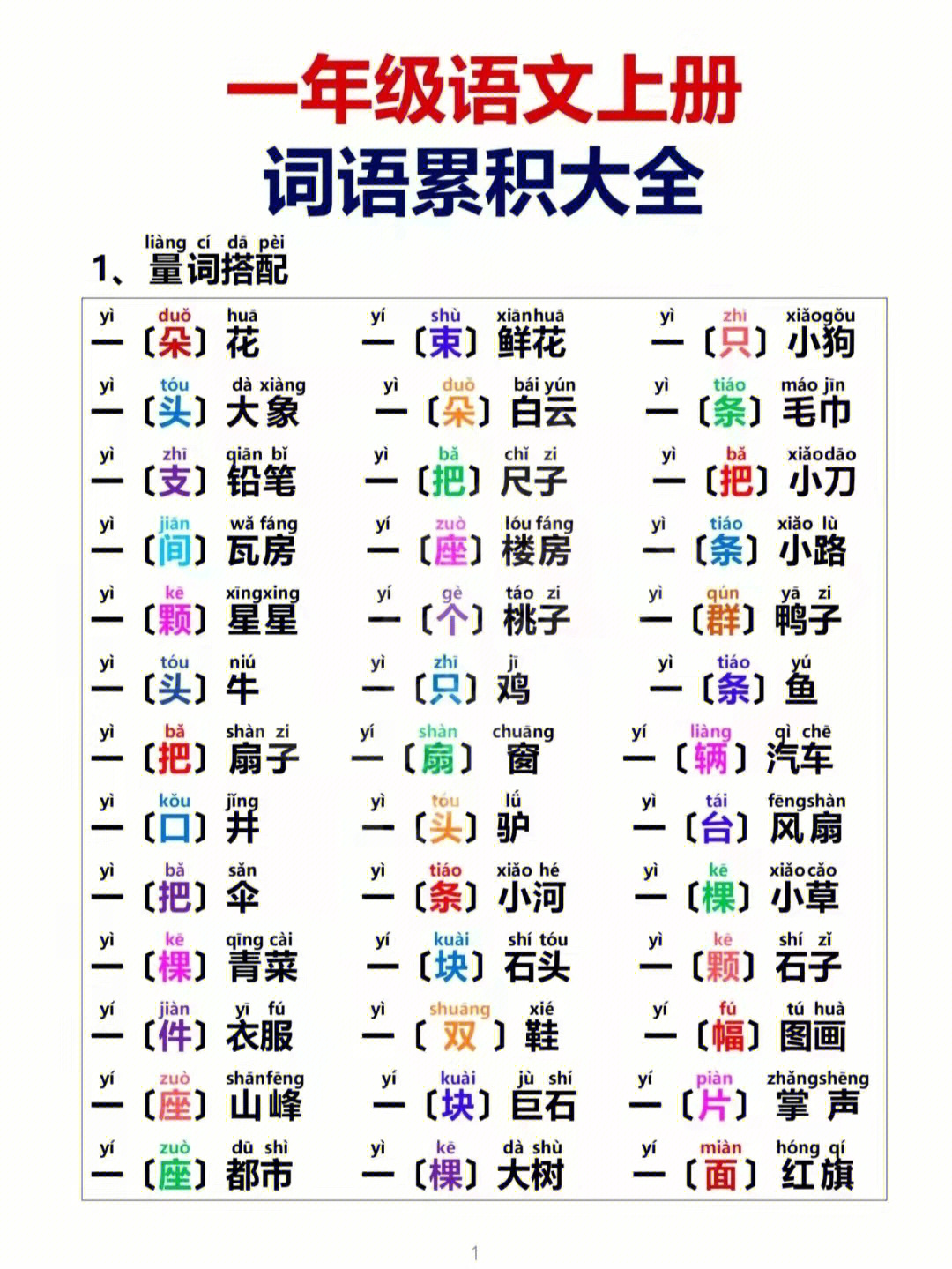 一年级语文上册词语积累大全注音版