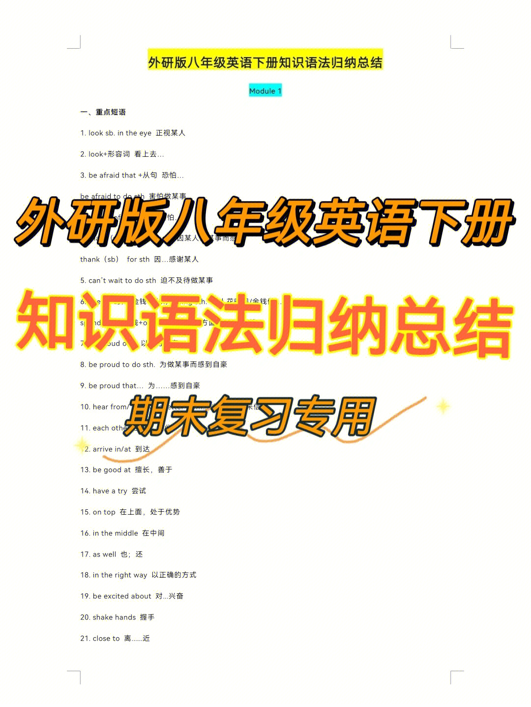 外研版八年级英语下册知识语法归纳总结期末复习专用,共23页#初中英语