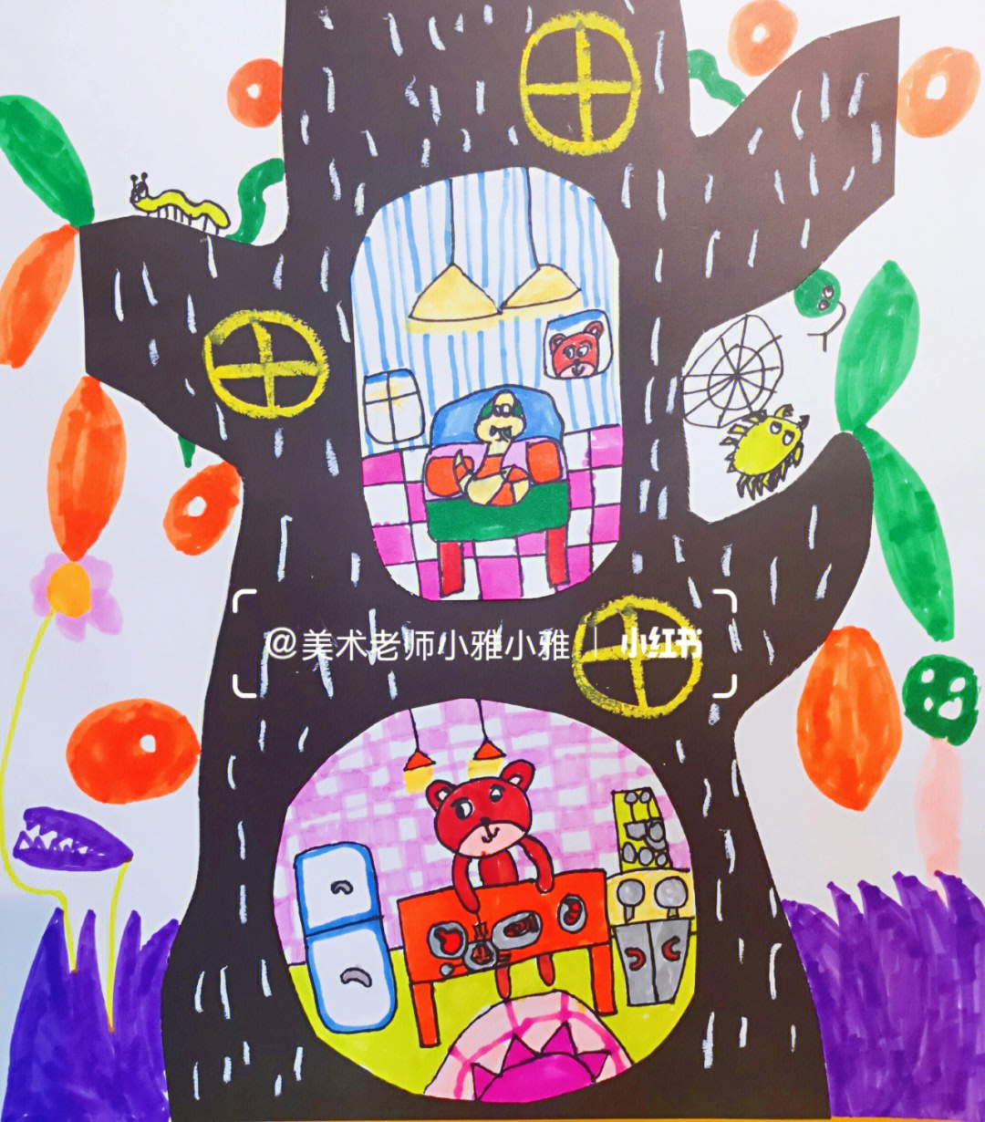 创意儿童画小熊的树洞