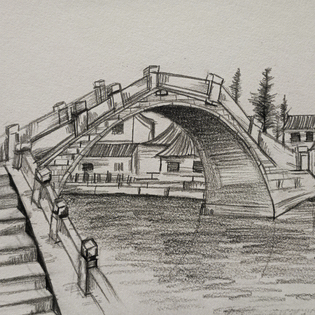 小桥流水简单素描画图片