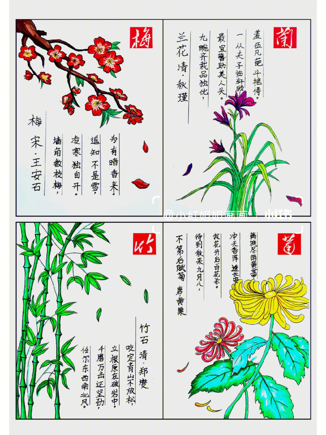 国风马克笔手绘古诗配画梅兰竹菊