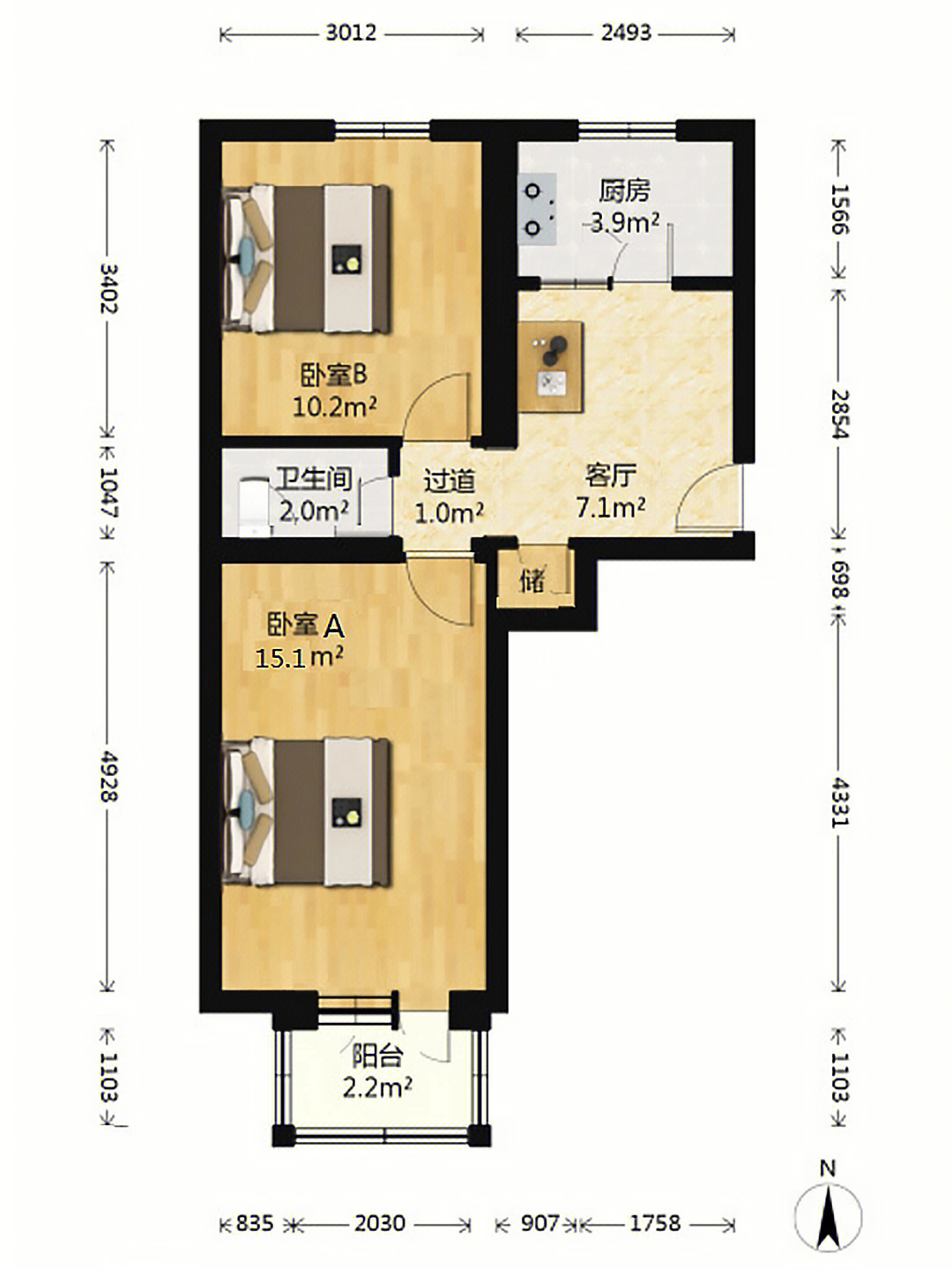 54平两室一厅户型图图片