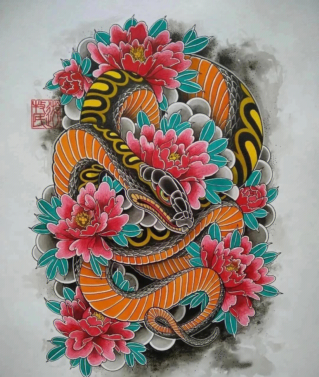 传统牡丹蛇纹身手稿