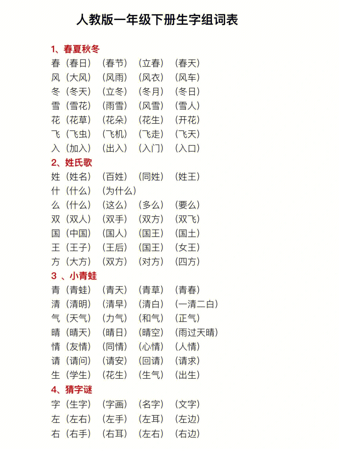 人教版一年级下册语文生字组词表