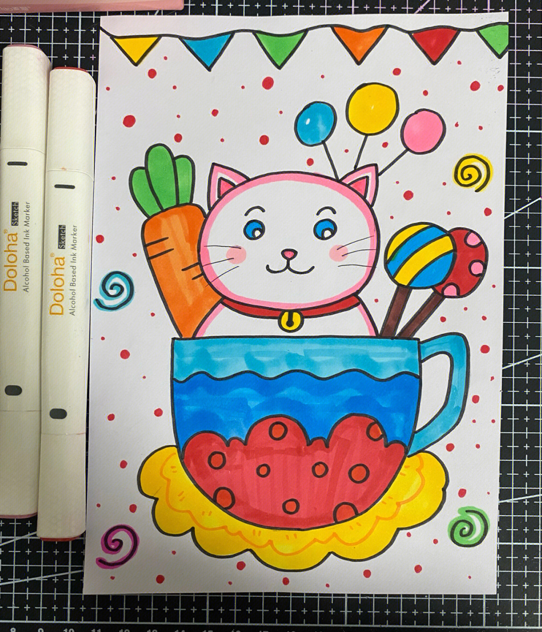 猫儿童创意画可爱的猫咪卡通画茶杯猫咪