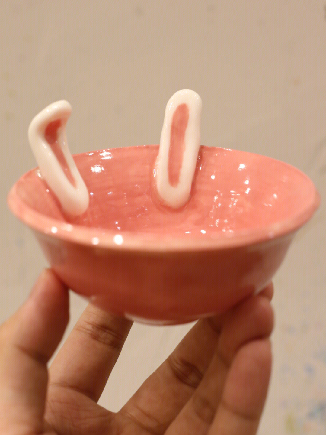 陶艺手作兔耳朵粉色小碗