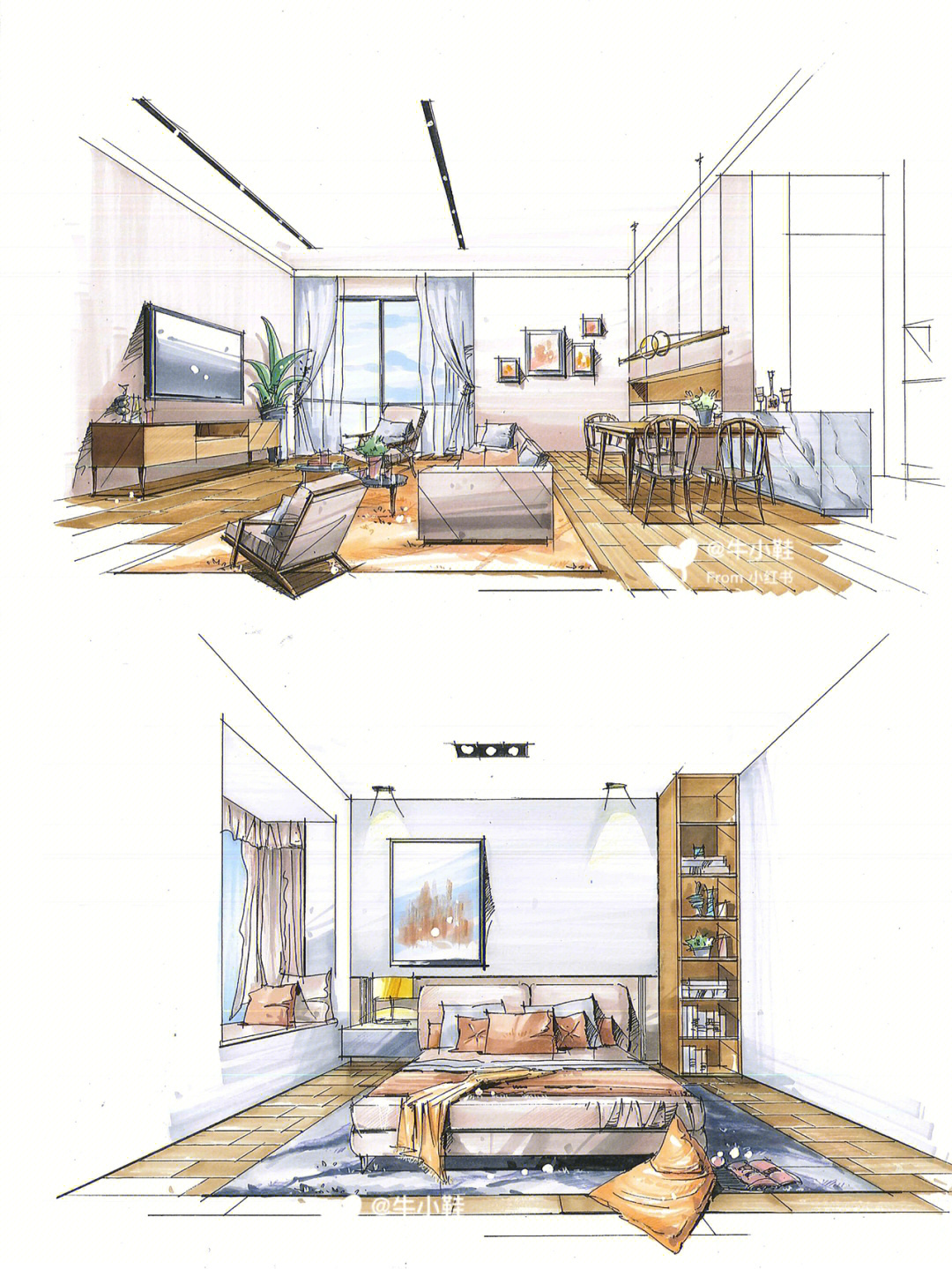 室内设计马克笔手绘效果图卧室客餐厅