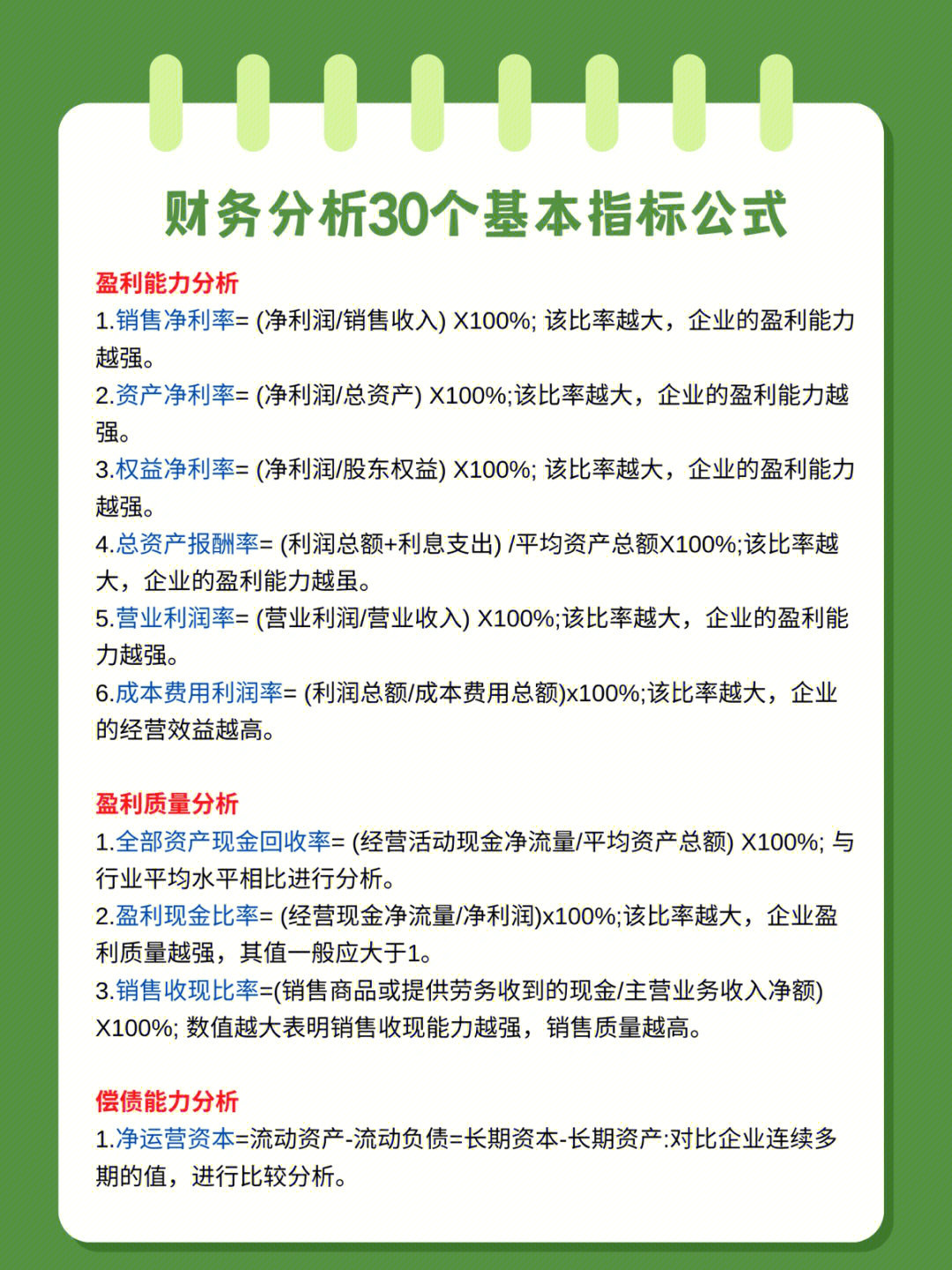 财务分析30个基本指标公式