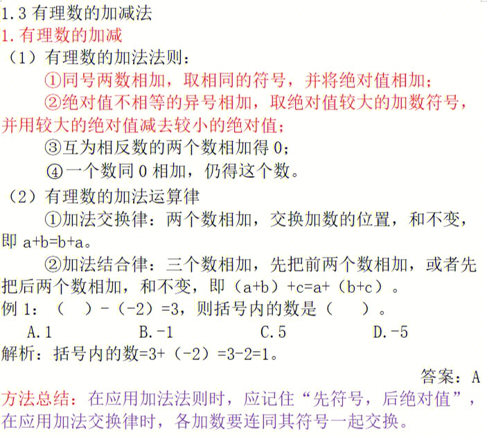 初一上册第一章有理数的加减法数学笔记整理