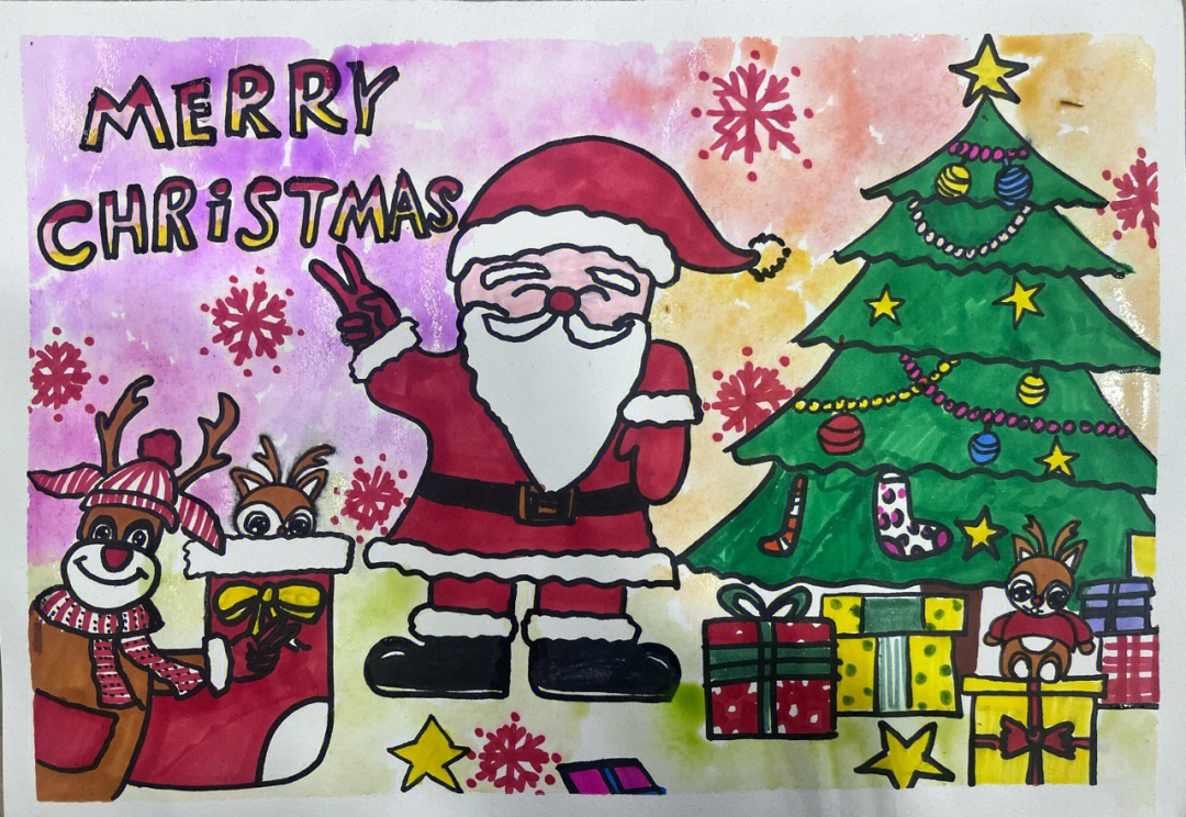 学画圣诞树和圣诞老人图片