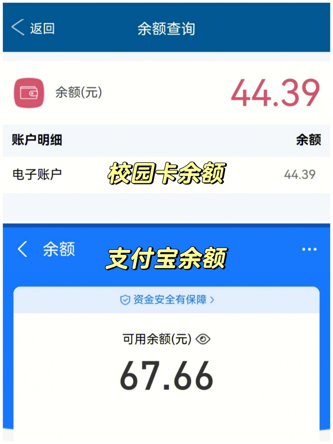 支付宝加上饭卡差不多100元,微信余额10元忽略不计,卡里的钱不想动了