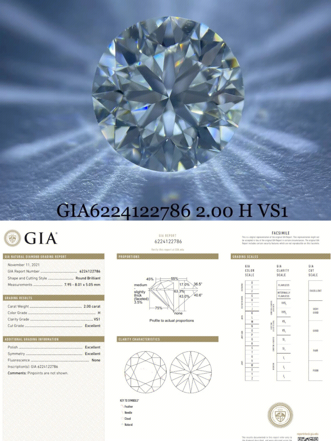 gia钻石裸石2克拉h色vs1净度3exn