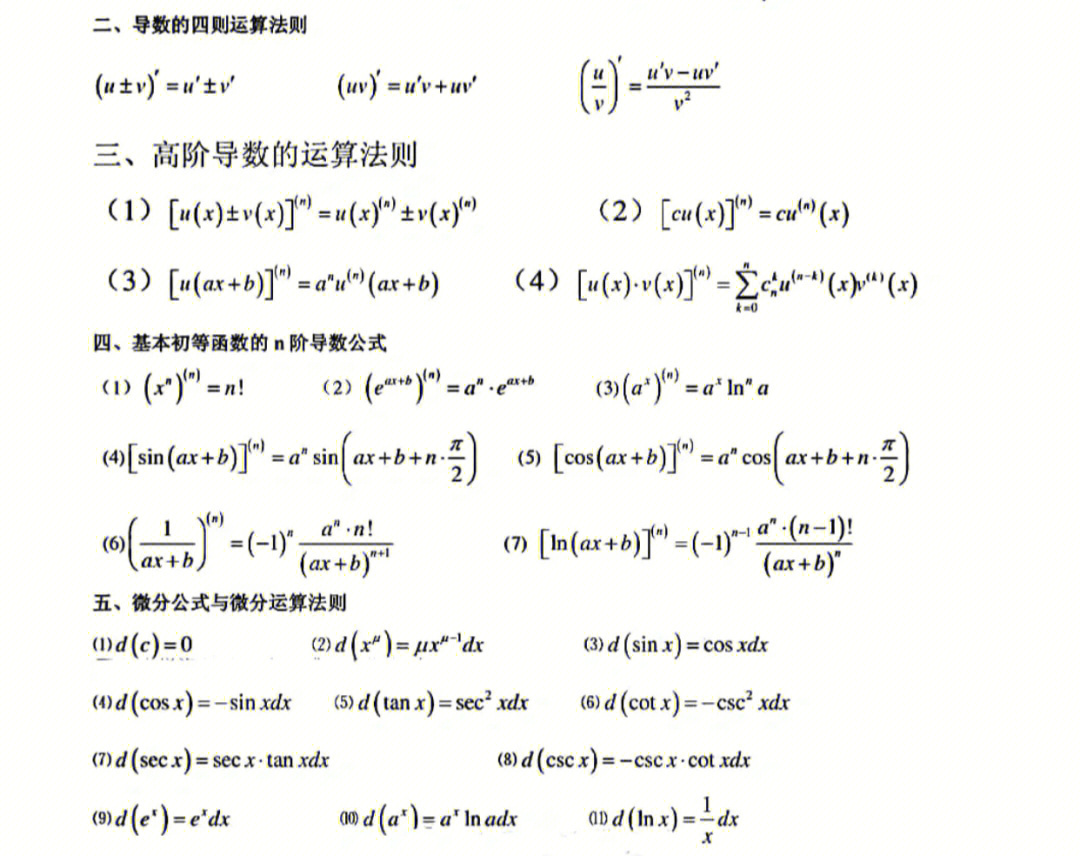 高数微积分期末公式大全比较全面