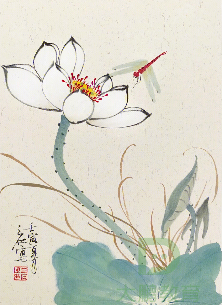 这是一幅写意花鸟画作品,描绘的是白色的莲花和蜻蜓,画面清新雅致