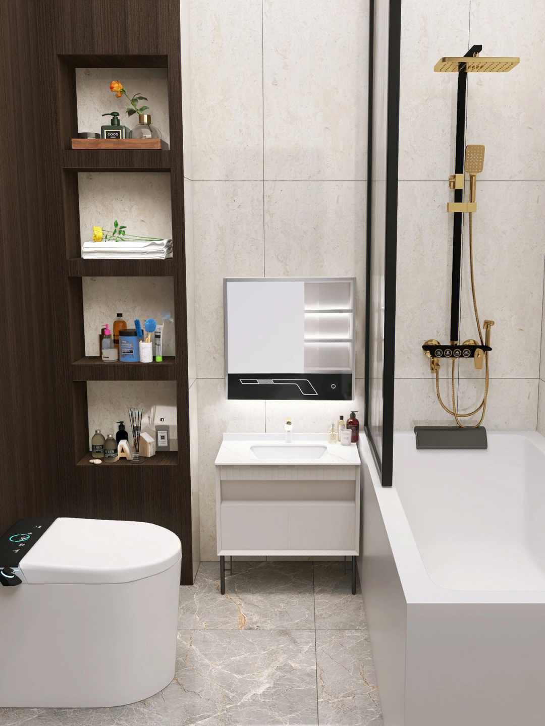 95暖白色墙面搭配上浅奶茶色简约浴室柜,让整个空间看起来更加舒适