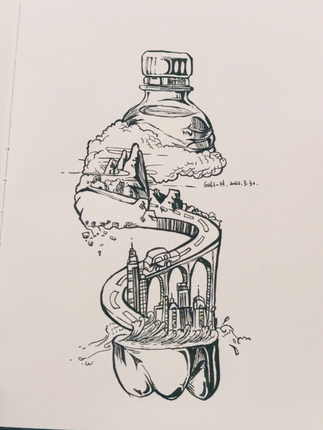 瓶子里的世界创意画图片