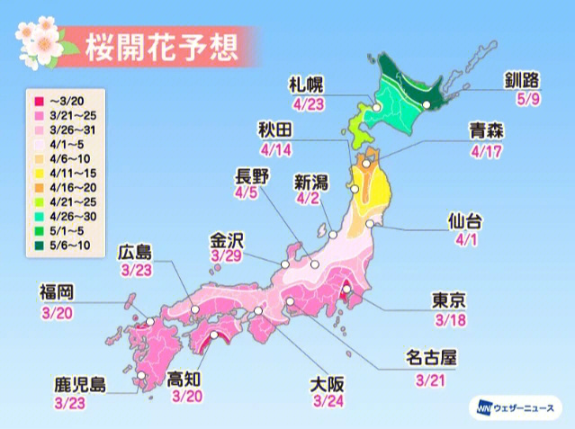 预计3月18日从东京开始开花,20日继续在横滨,福冈和高知开花到3月底