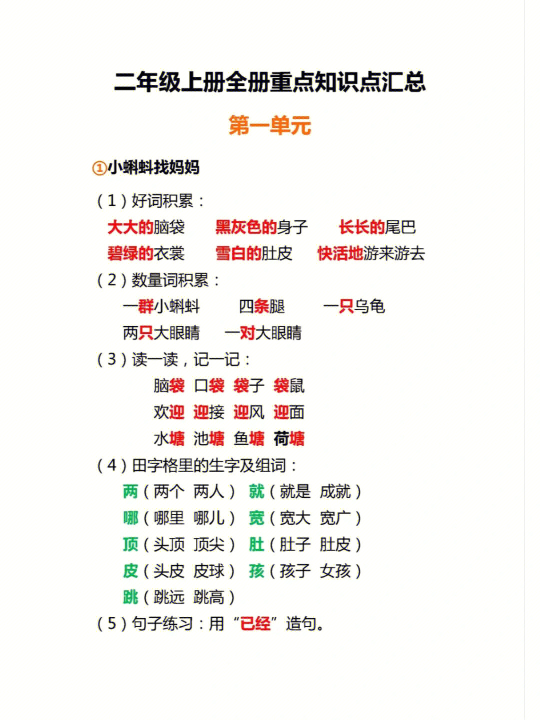 二年级上册语文知识重点汇总