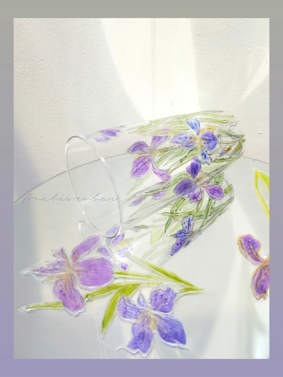 手绘玻璃画紫色鸢尾花玻璃杯