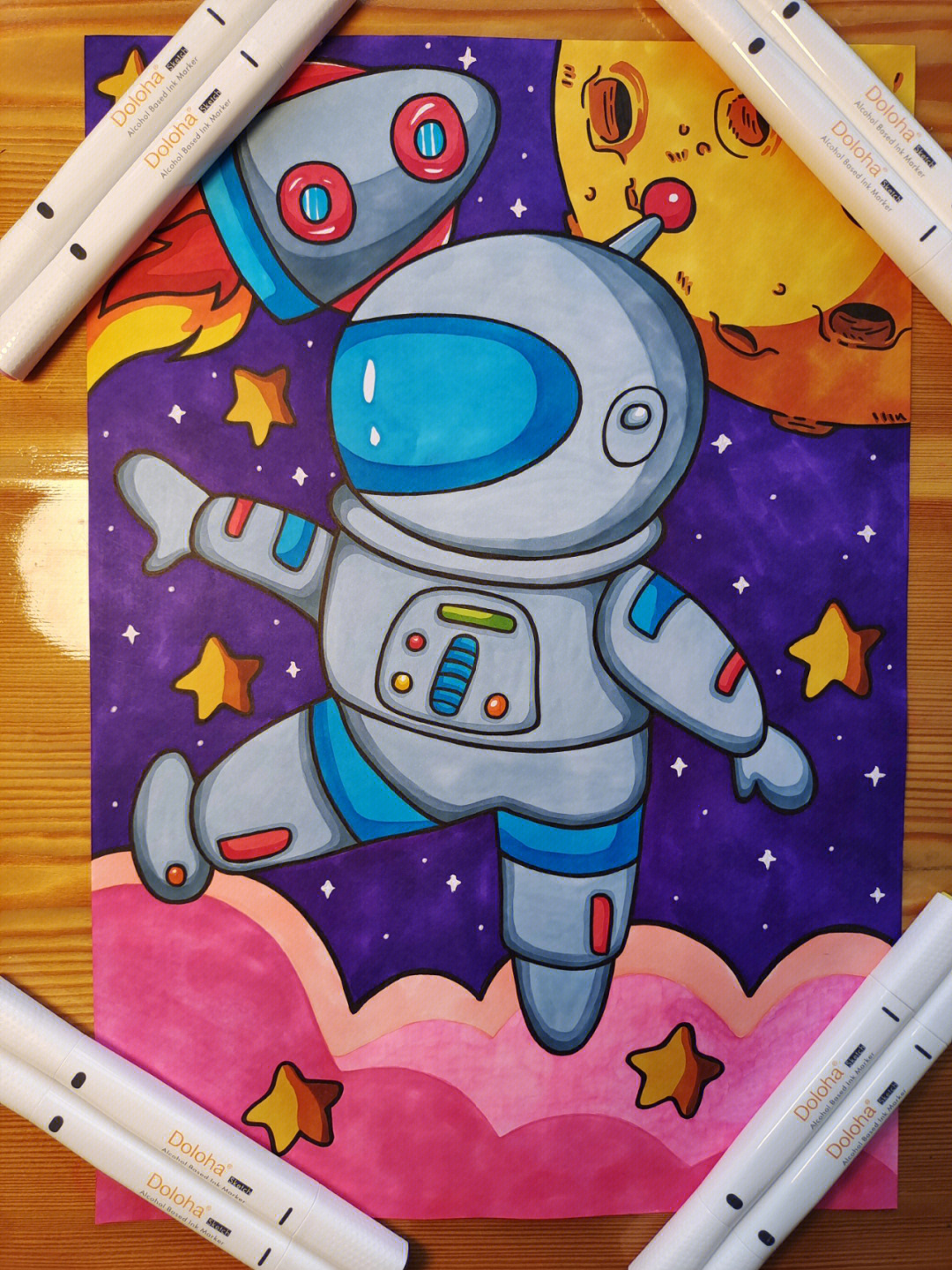 太空宇航员儿童马克笔手绘,最后一张原图,临摹@里可爱