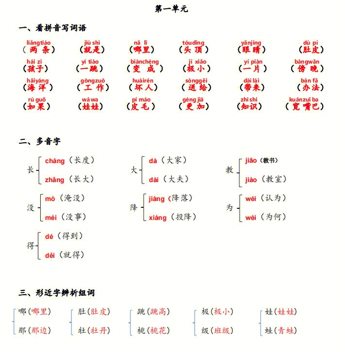 语文二年级上册第一单元知识点总结