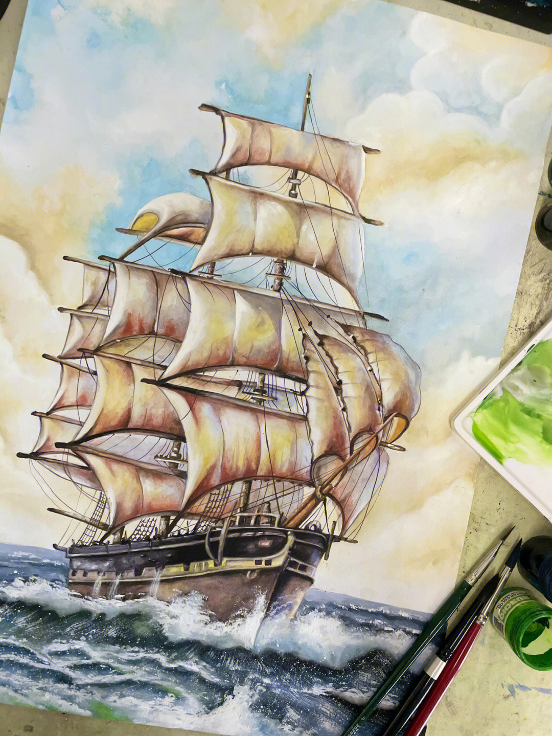 乘风破浪帆船绘画作品图片