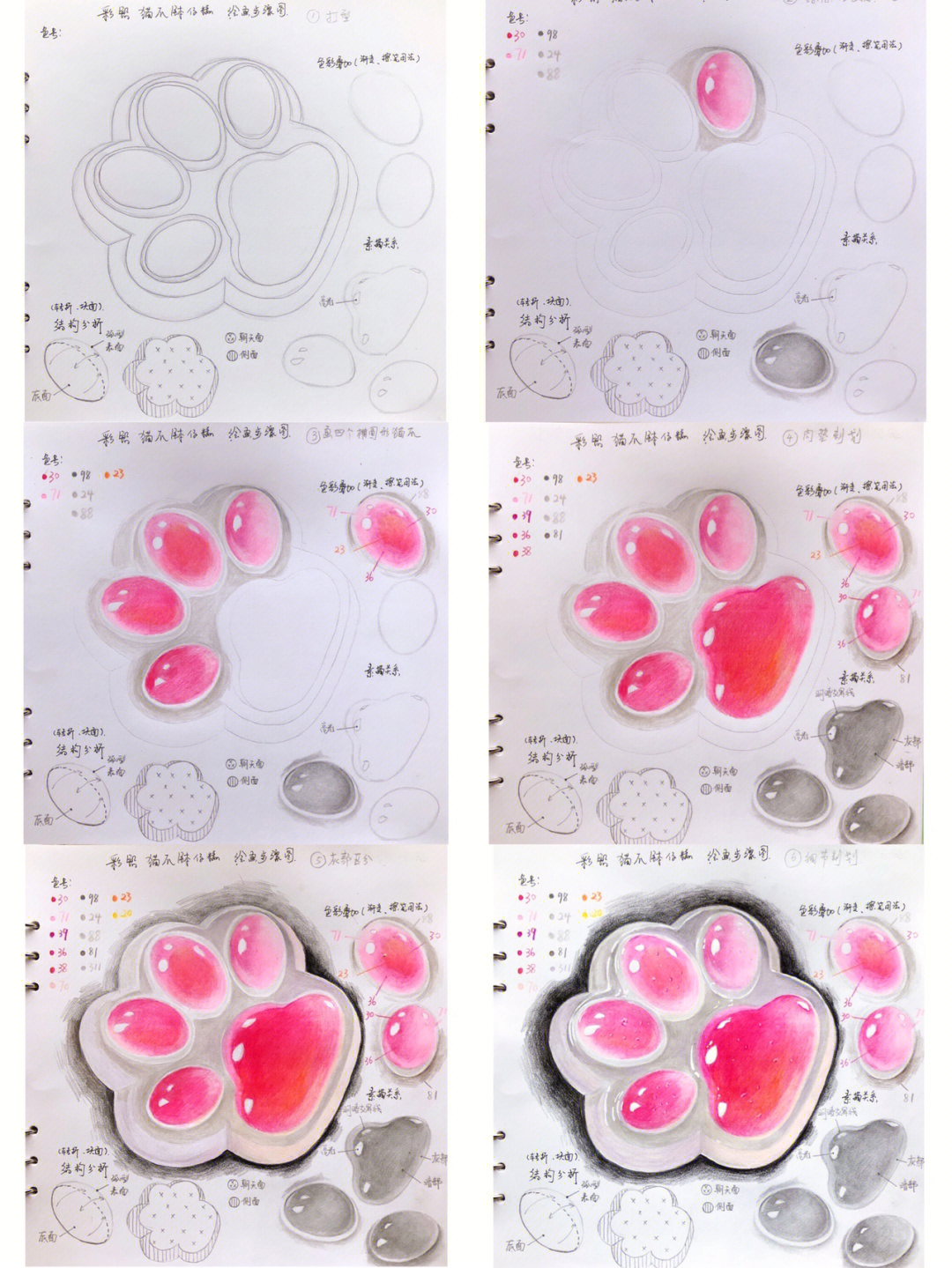 彩铅猫爪钵仔糕啫喱粉质感画法步骤图
