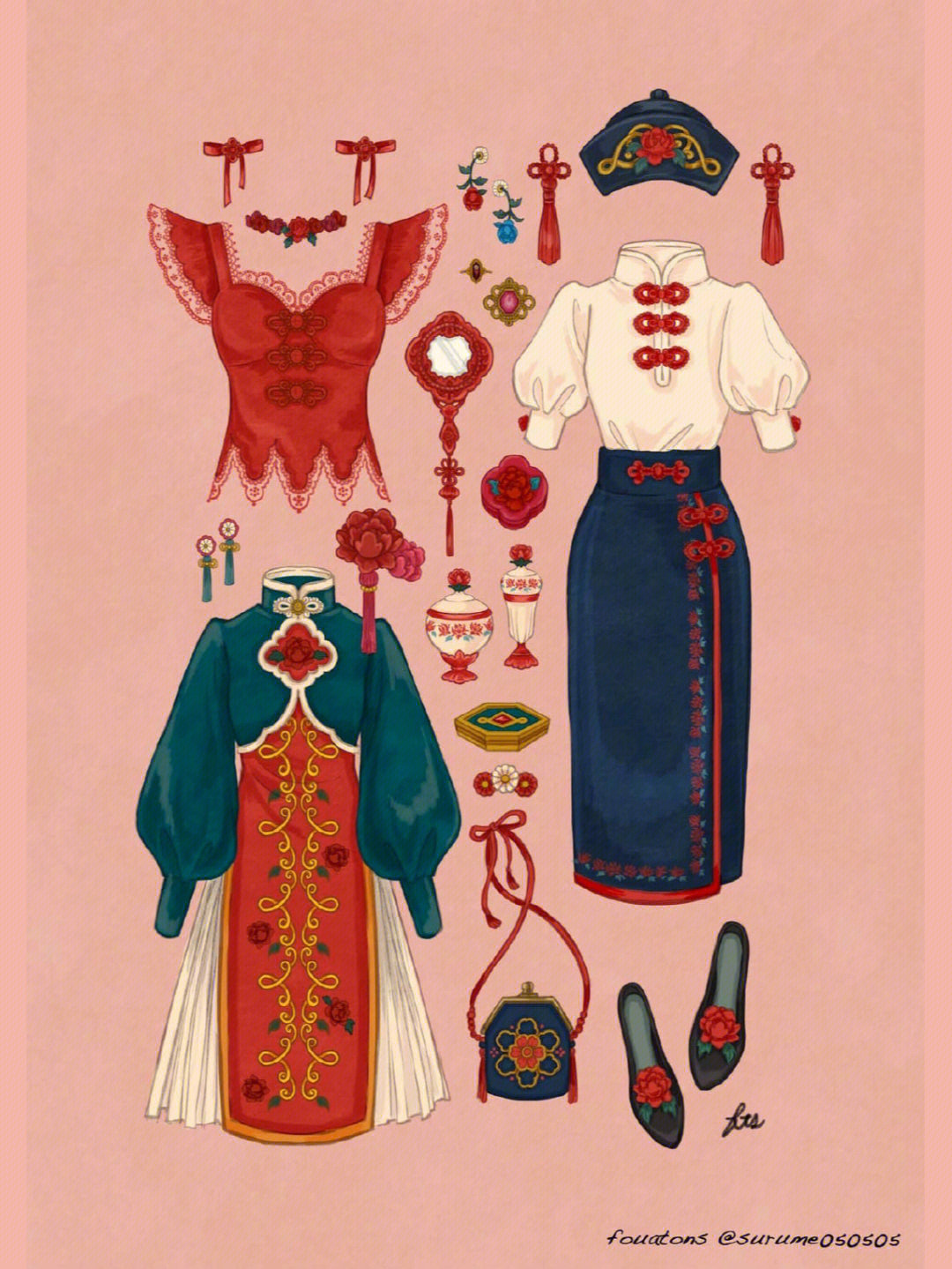 插画分享#插画学习#设计#服装#小红裙#复古#搭配