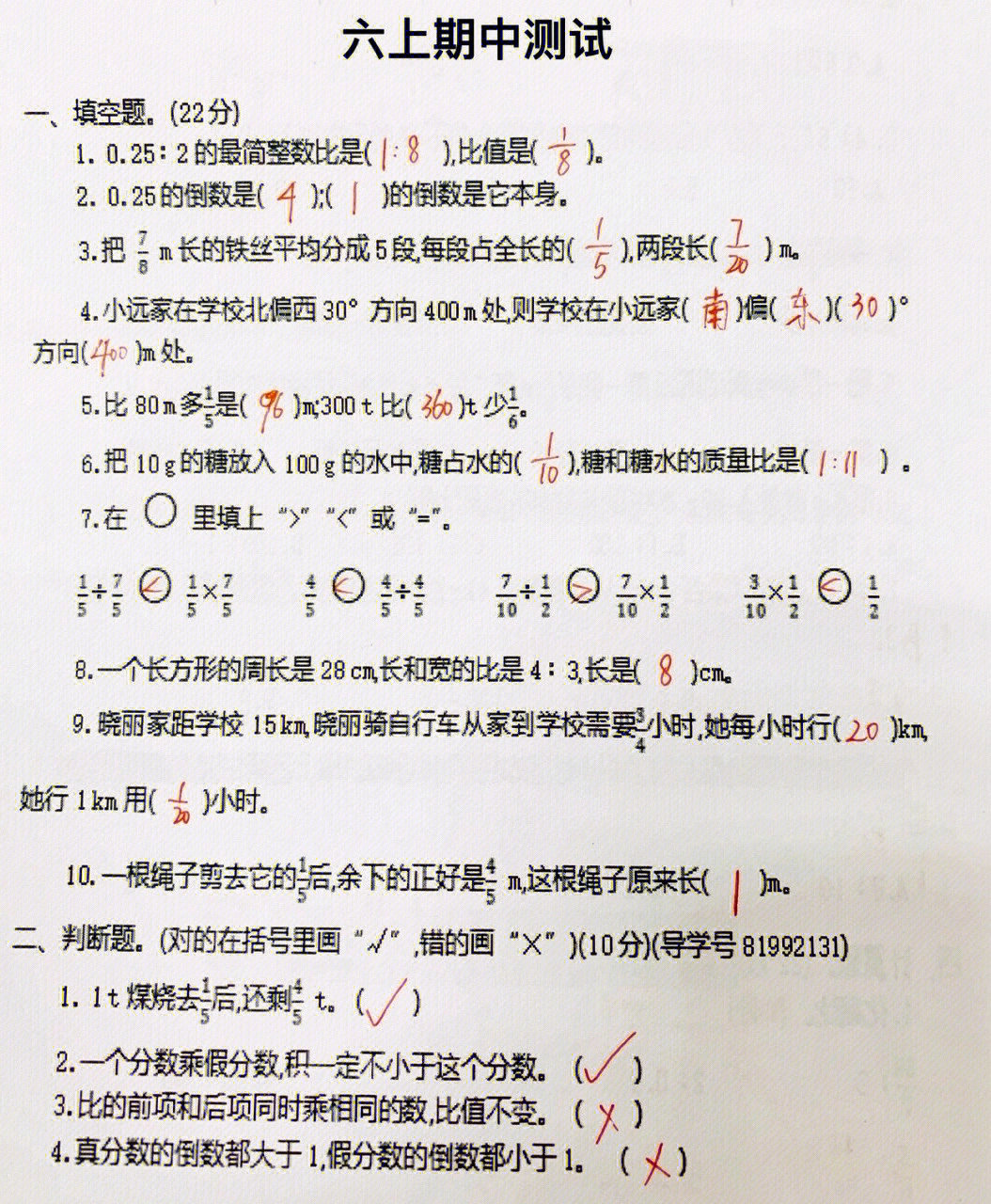 六年级数学上册期中测试卷