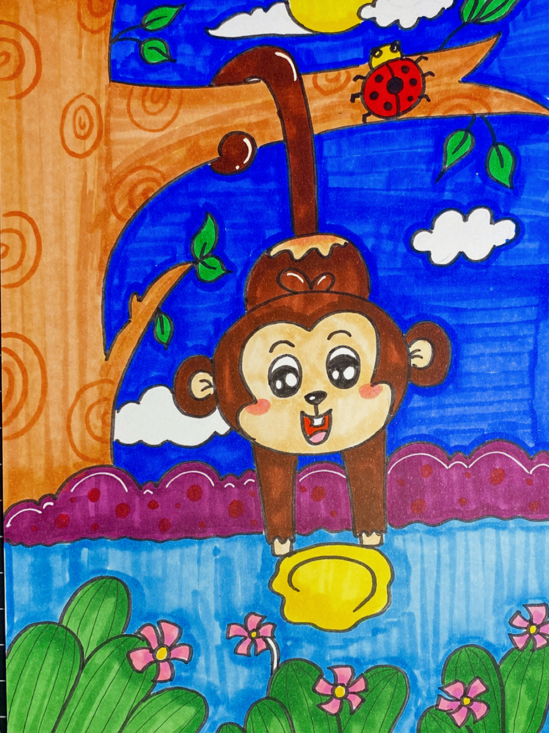 猴子捞月小猴子创意画简笔画简单