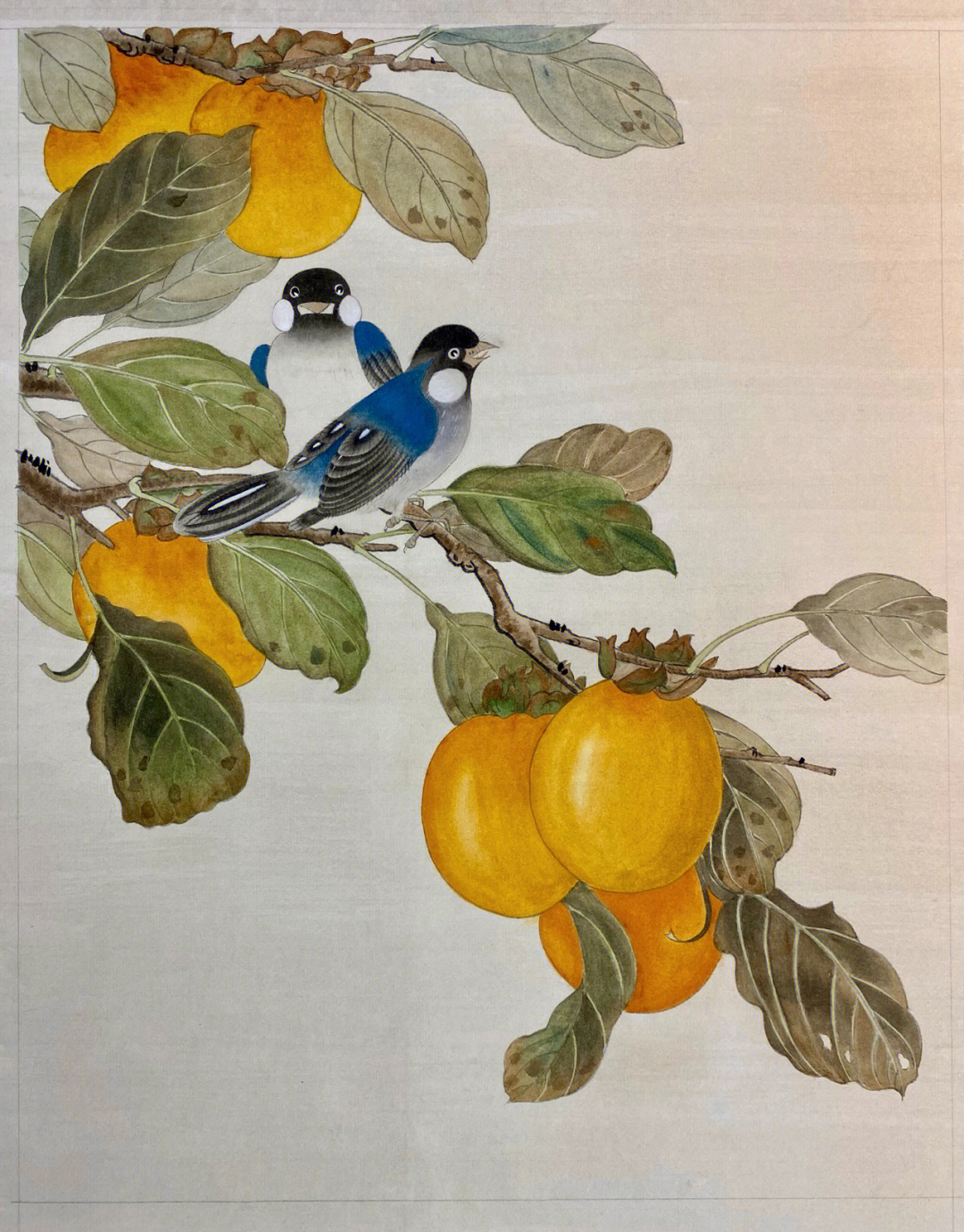 工笔画柿子与小鸟