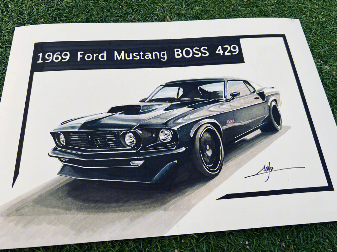 马克笔手绘1969福特野马boss429