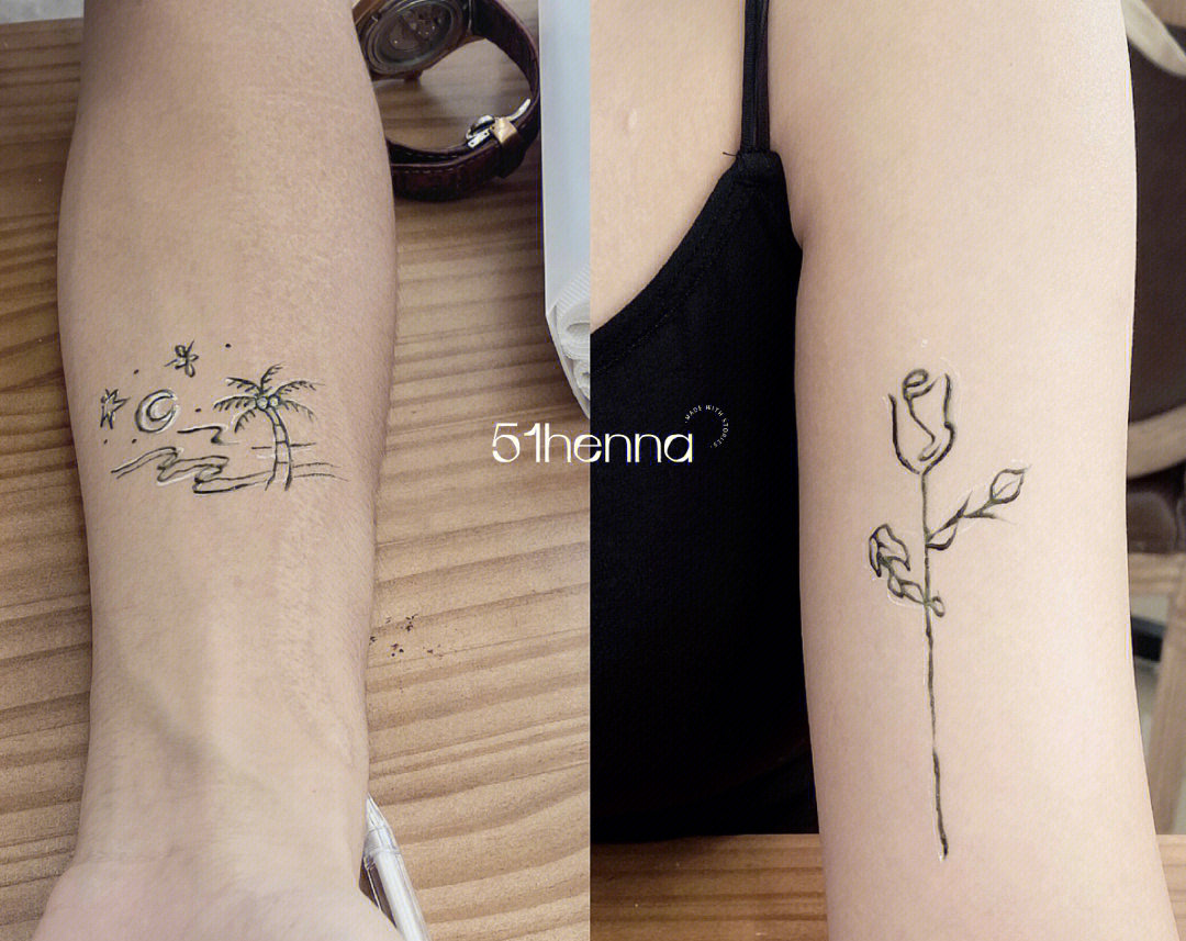 海娜手绘纹身图案分享椰树线条玫瑰