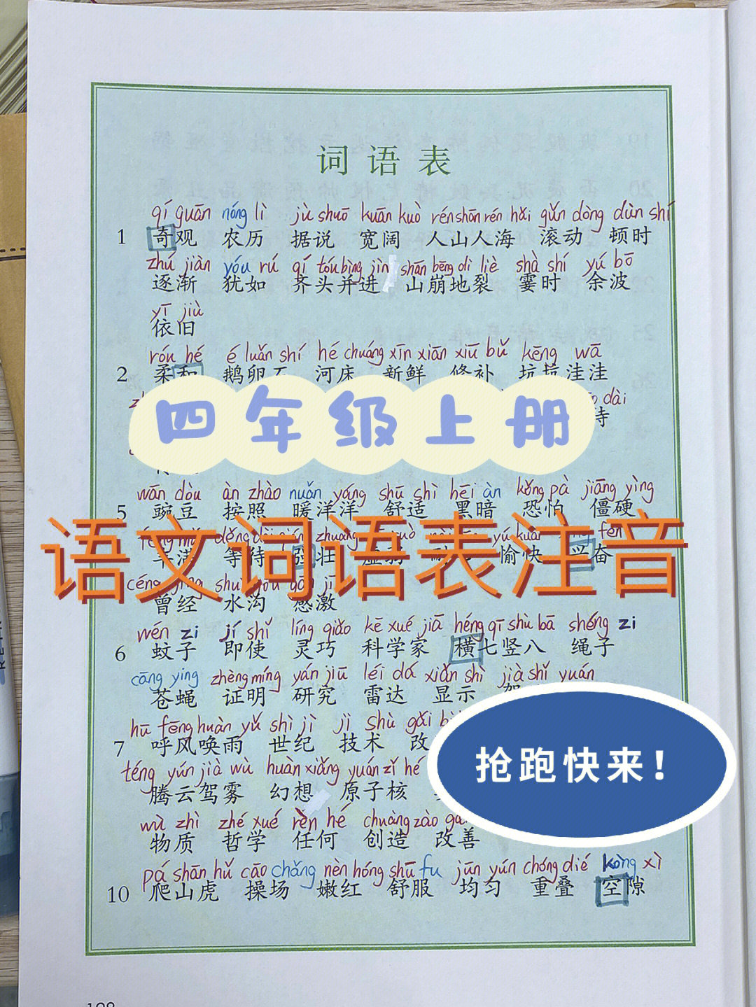 学好语文四年级上册词语表注音最新版75