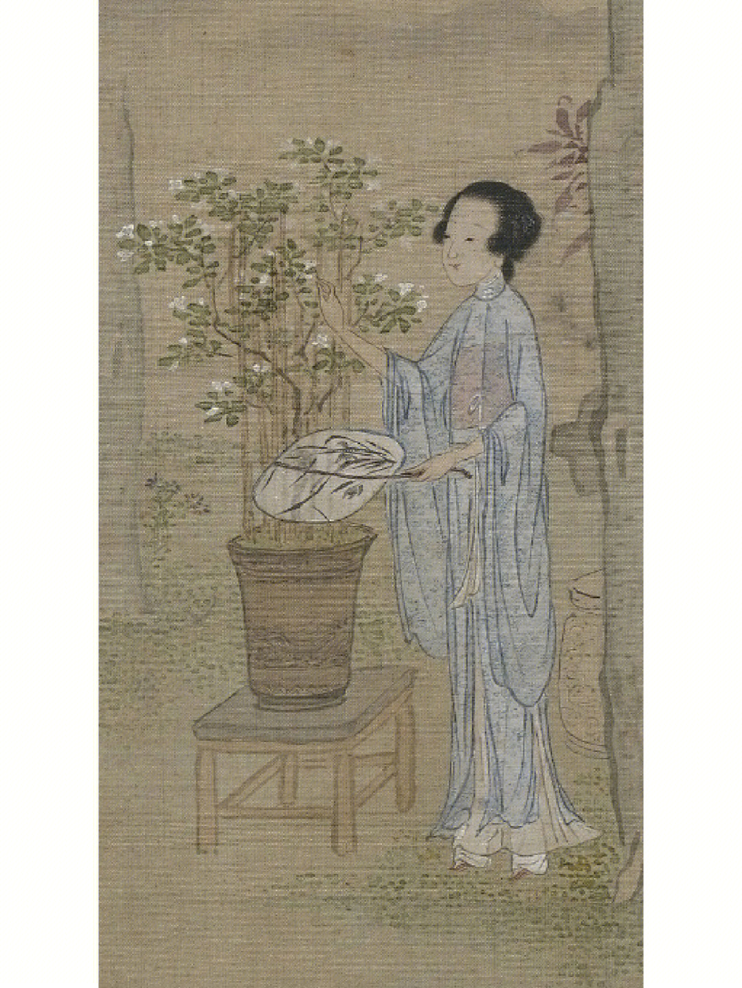 清61孙璜《仕女团扇图册,柳下香事,庭前折花,设色清逸,格调高雅.