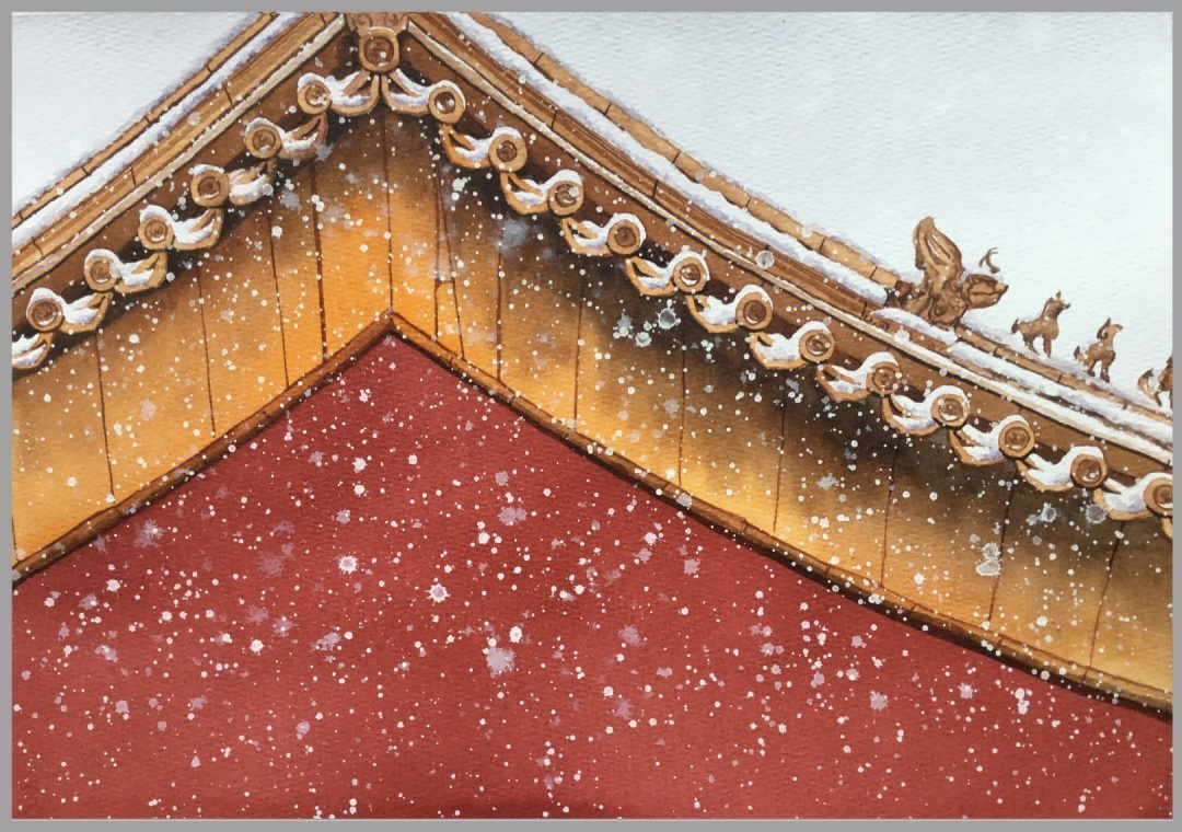 水彩故宫红墙雪景系列作品