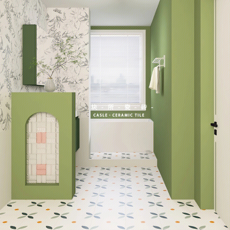 小清新的绿色花砖77植物瓷砖装修的卫生间