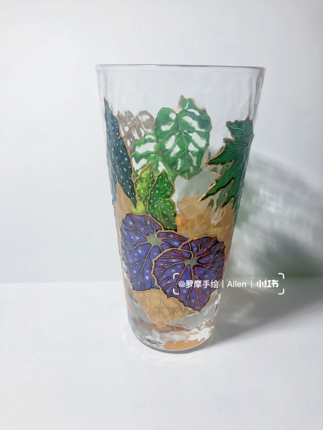 手绘玻璃杯秋海棠与龟背竹私定