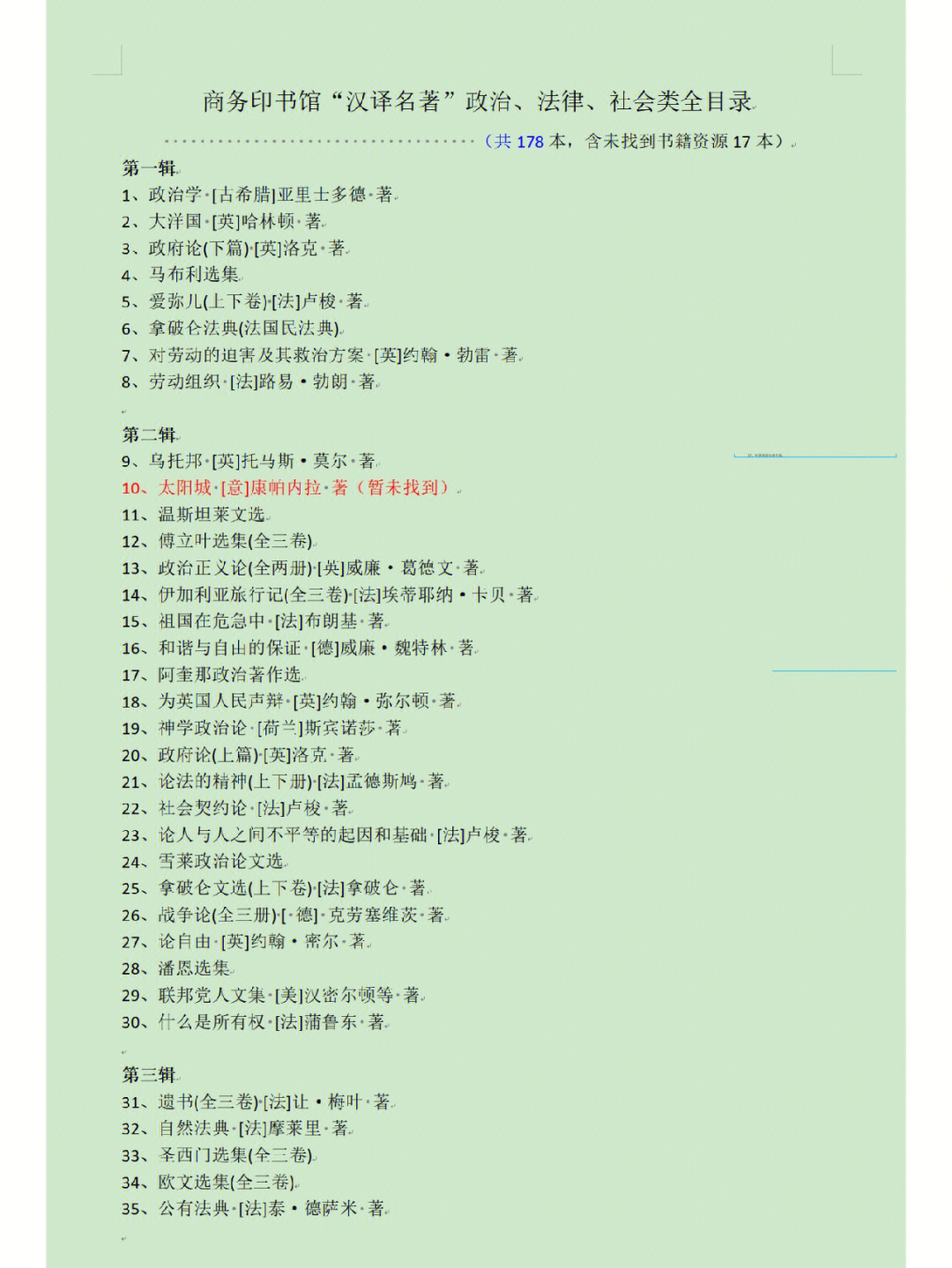 商务印书馆汉译世界名著政法类书籍目录