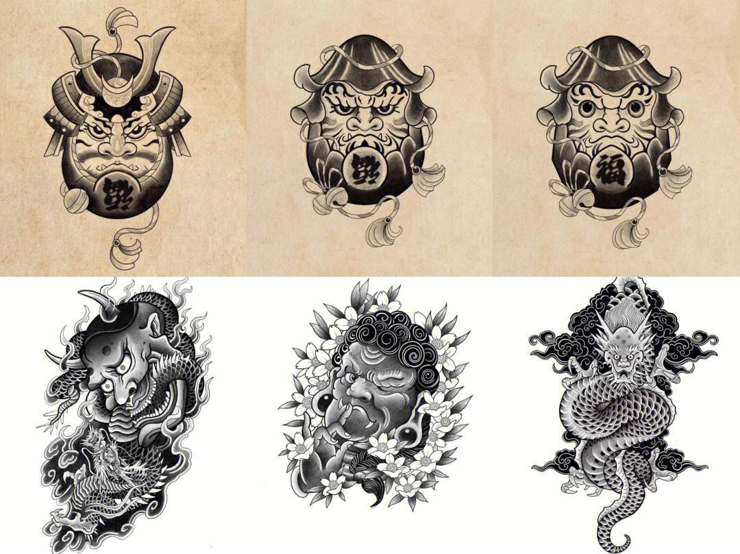 日式老传统达摩蛋纹身图案手稿